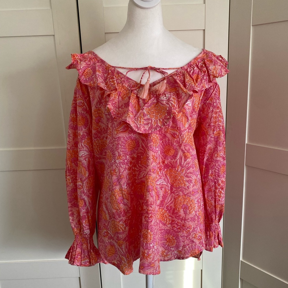 Mille Resort Pink Floral Ruffle Blouse